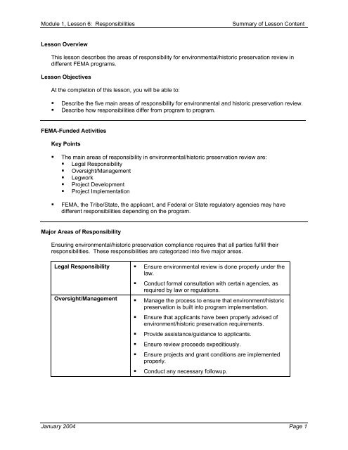 Module 1, Lesson 6: Responsibilities Summary of Lesson Content ...