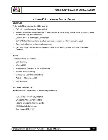 USING ICS TO MANAGE SPECIAL EVENTS V-1 V. USING ICS TO ...