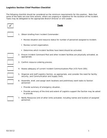 Logistics Section Chief Position Checklist