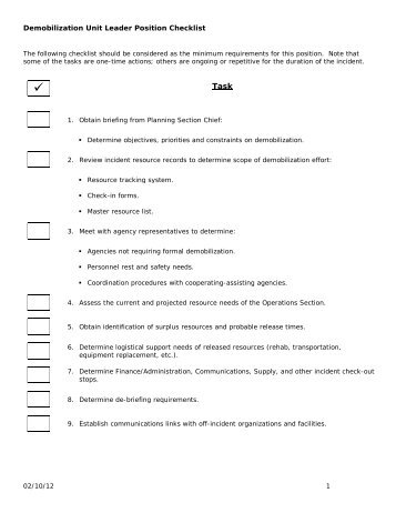 Demobilization Unit Leader Position Checklist