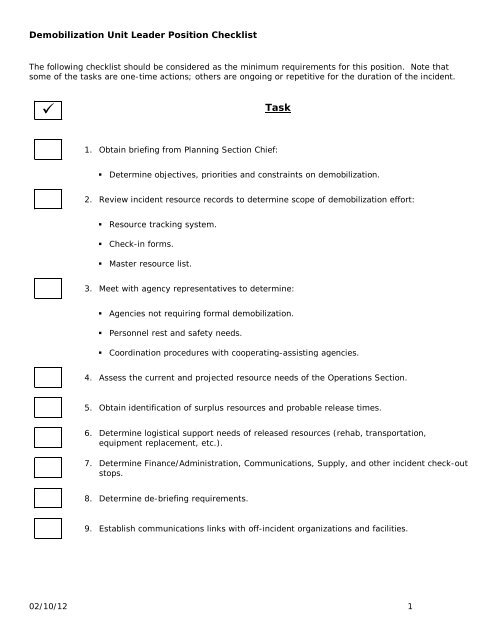 Demobilization Unit Leader Position Checklist
