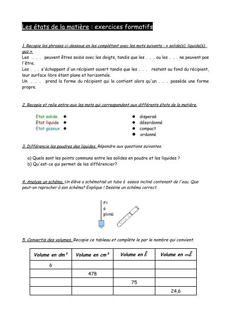 Les états de la matière : exercices formatifs - OVH.net