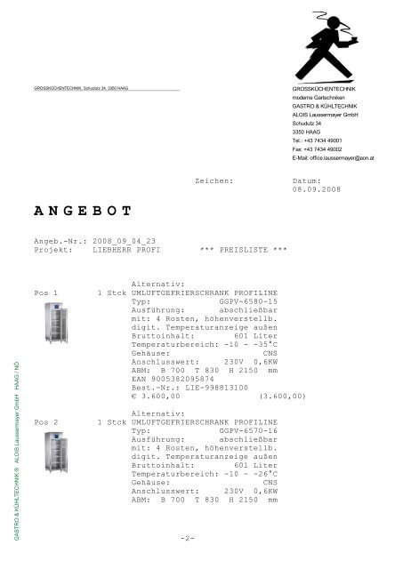 A N G E B O T - Gastro & Kühltechnik Alois Laussermayer