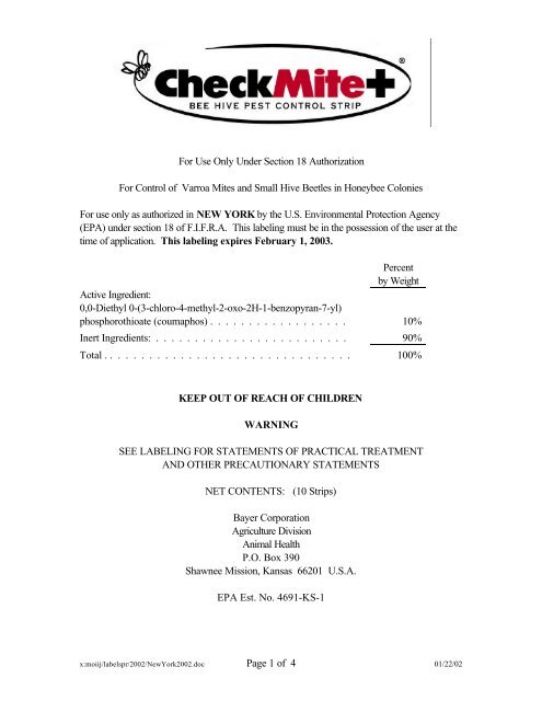 Coumaphos/CheckMite Product Label