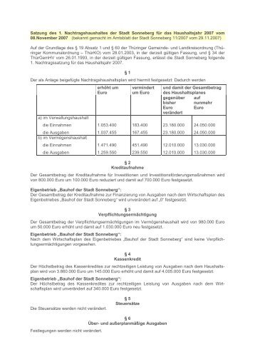 1. Nachtragshaushaltssatzung 2007 - Sonneberg