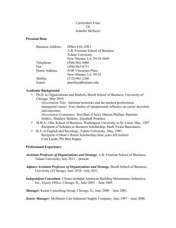 Curriculum Vitae Of Jennifer Merluzzi Personal ... - Tulane University