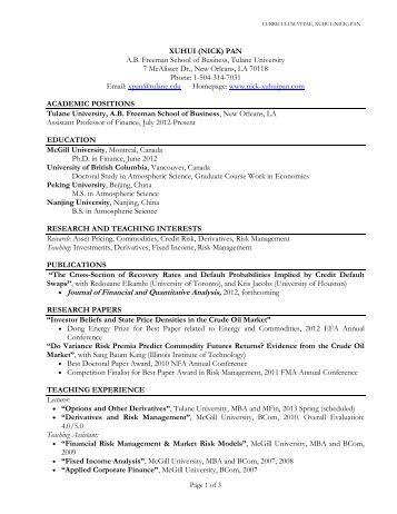 Tulane freeman school of business resume