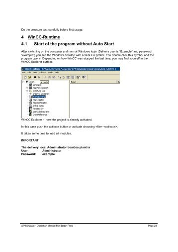 4 WinCC-Runtime 4.1 Start of the program without Auto Start