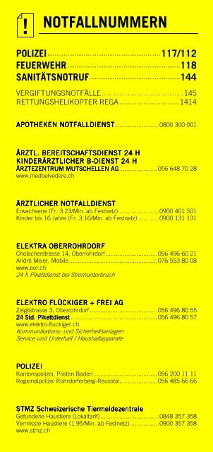 Infomerkblatt Niederrohrdorf / Oberrohrdorf und südliche Umgebung