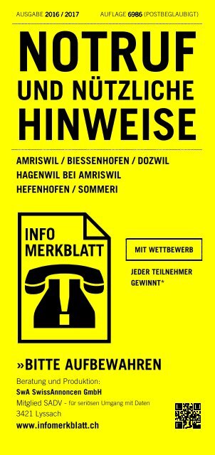 Infomerkblatt Amriswil / Biessenhofen / Dozwil / Hagenwil bei Amriswil / Hefenhofen / Sommeri