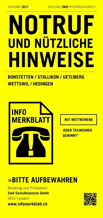 Infomerkblatt Bonstetten / Stallikon / Wettswil / Hedingen / Uetliberg