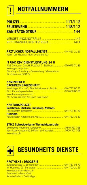Infomerkblatt Bonstetten / Stallikon / Wettswil / Hedingen / Uetliberg