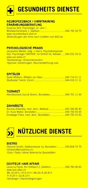 Infomerkblatt Bonstetten / Stallikon / Wettswil / Hedingen / Uetliberg