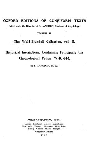 OXFORD EDITIONS OF CUNEIFORM TEXTS The Weld-Blundell ...