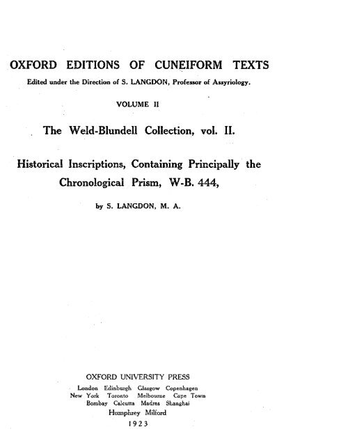 OXFORD EDITIONS OF CUNEIFORM TEXTS The Weld-Blundell ...