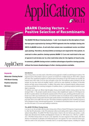 pBARN Cloning Vectors â Positive Selection of ... - AppliChem