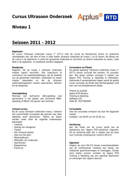 Cursus Ultrasoon Onderzoek Niveau 1 Seizoen 2011 - Applus RTD