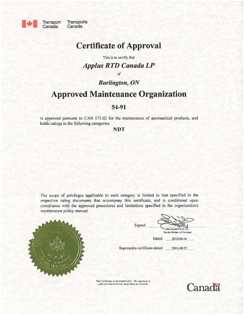 TCCA - Transport Canada Civil Aviation - AMO 54-91 - Applus RTD