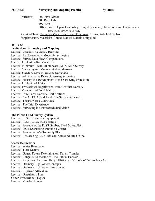 SUR 4430 Surveying and Mapping Practice Syllabus Instructor: Dr ...