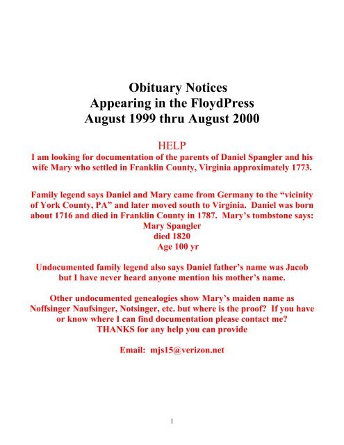 Obituary Notices Appearing in the FloydPress August 1999 thru ...