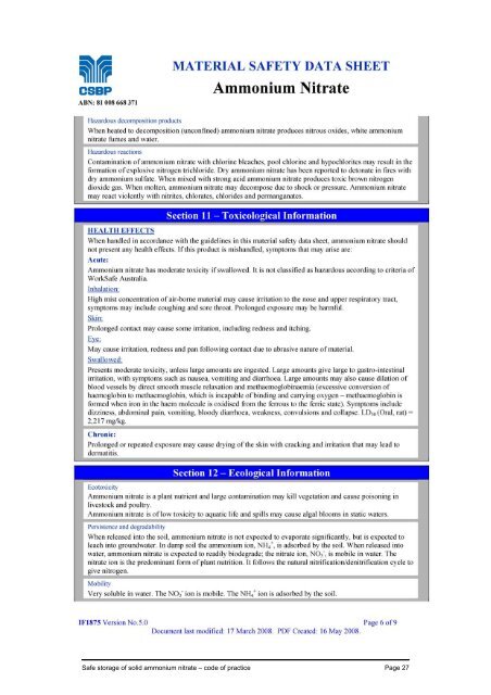 Safe storage of solid ammonium nitrate Code of practice
