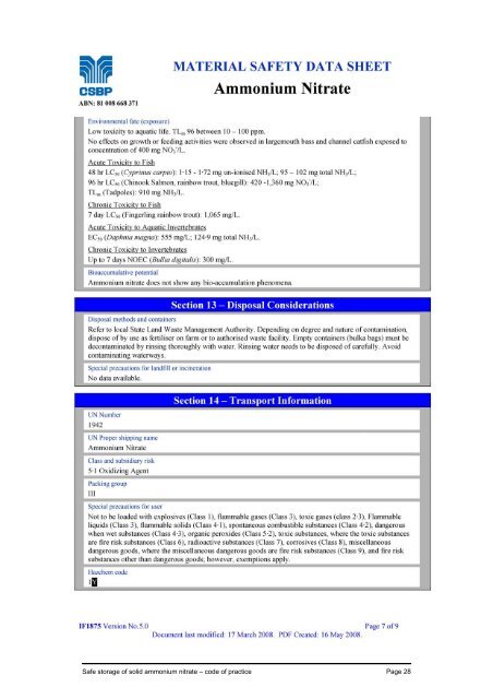 Safe storage of solid ammonium nitrate Code of practice