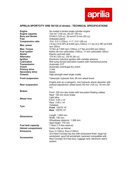APRILIA SPORTCITY ONE 50/125 (4 stroke) - TECHNICAL 