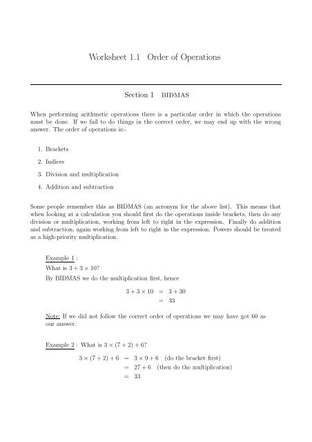Worksheet 1.1 Order Of Operations