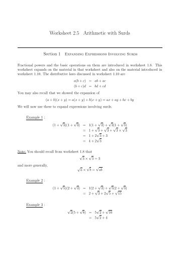 Worksheet 2.5 Arithmetic with Surds