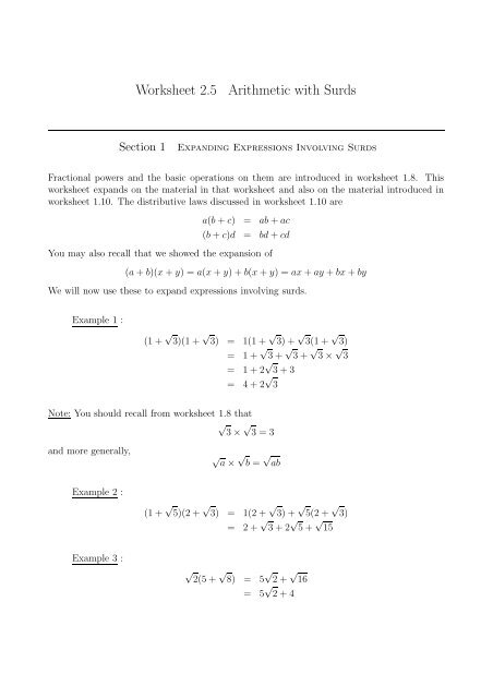 Worksheet 2.5 Arithmetic with Surds