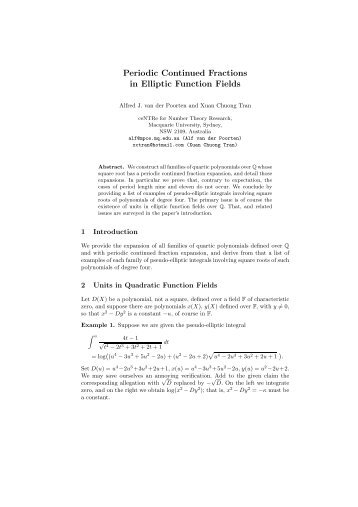 Periodic Continued Fractions in Elliptic Function Fields - Macquarie ...