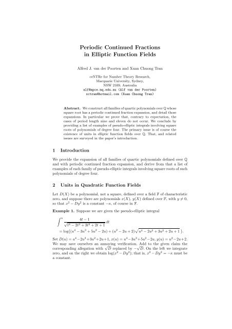 Periodic Continued Fractions in Elliptic Function Fields - Macquarie ...