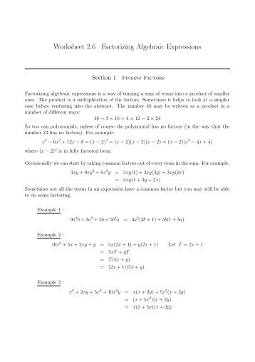 Worksheet 2.6 Factorizing Algebraic Expressions