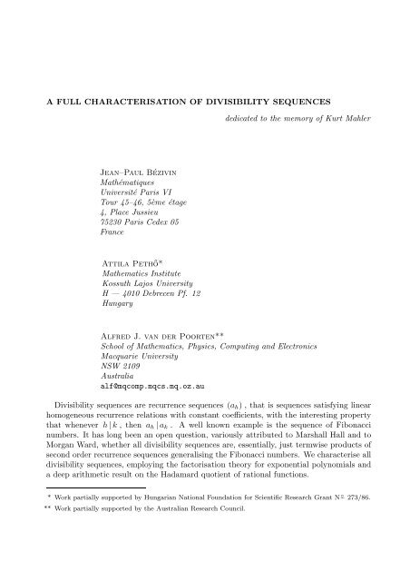 A FULL CHARACTERISATION OF DIVISIBILITY SEQUENCES ...