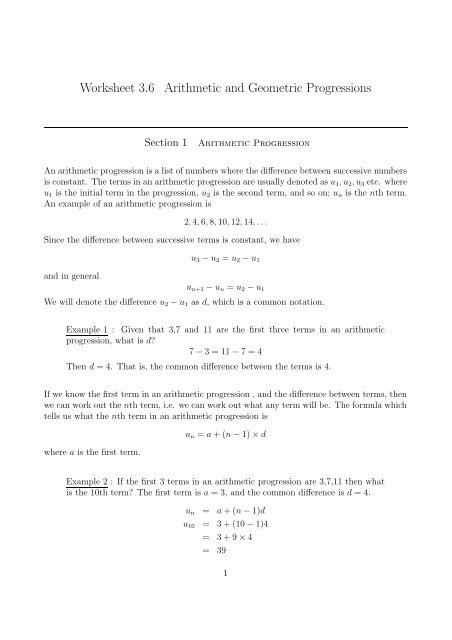 Worksheet 3.6 Arithmetic and Geometric Progressions