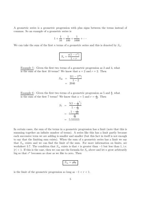 Worksheet 3.6 Arithmetic and Geometric Progressions