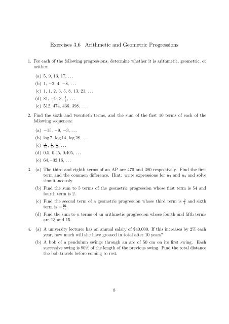 Worksheet 3.6 Arithmetic and Geometric Progressions