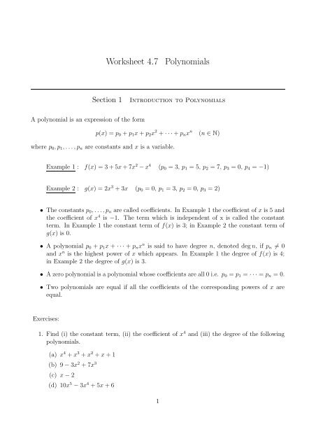 Worksheet 4.7 Polynomials