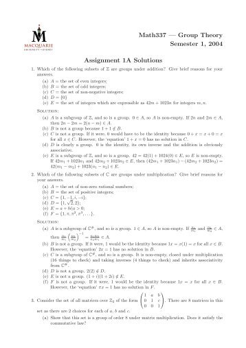 Math337 ? Group Theory Semester 1, 2004 Assignment 1A Solutions