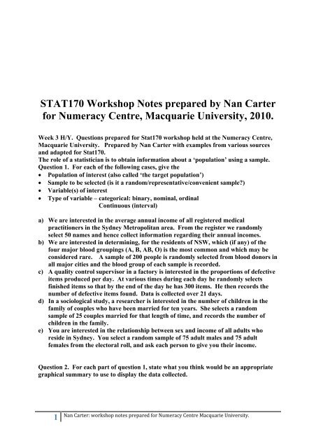 STAT170 Workshop Notes prepared by Nan Carter for Numeracy ...