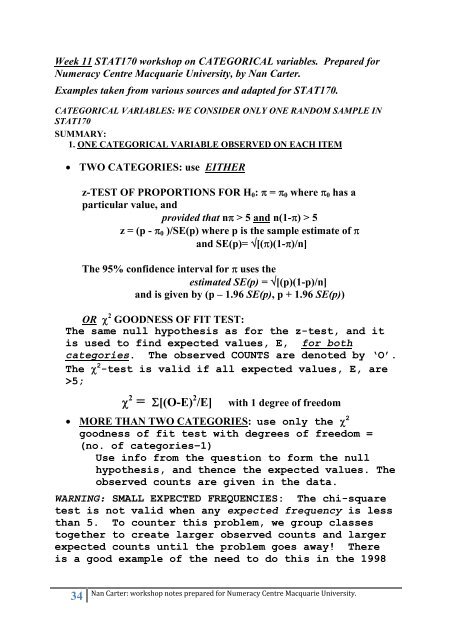 STAT170 Workshop Notes prepared by Nan Carter for Numeracy ...