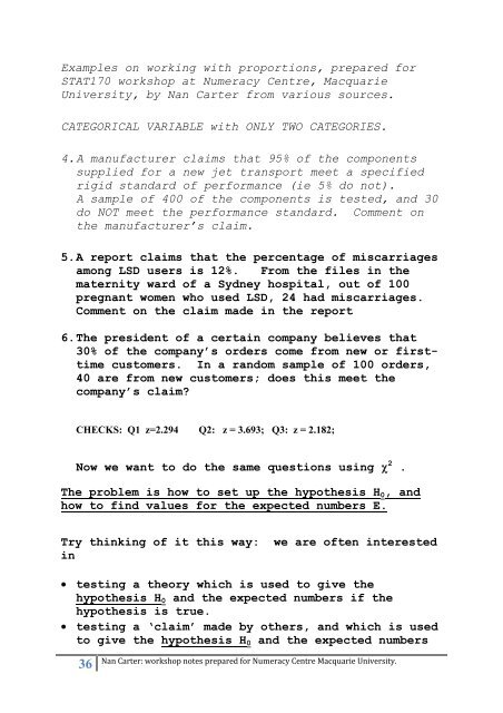 STAT170 Workshop Notes prepared by Nan Carter for Numeracy ...