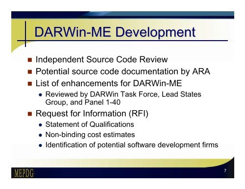 AASHTO DARWin Task Force Development of DARWin-ME