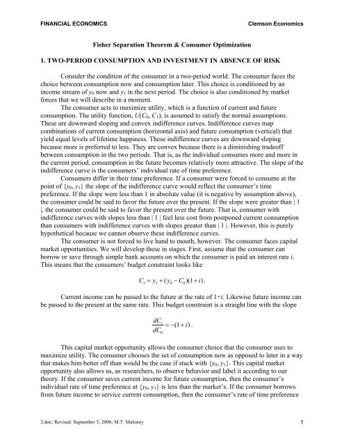 Fisher Separation Theorem & Consumer Optimization 1. TWO ...