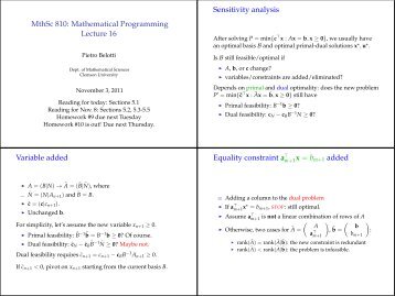 MthSc 810: Mathematical Programming Lecture 16 Sensitivity ...