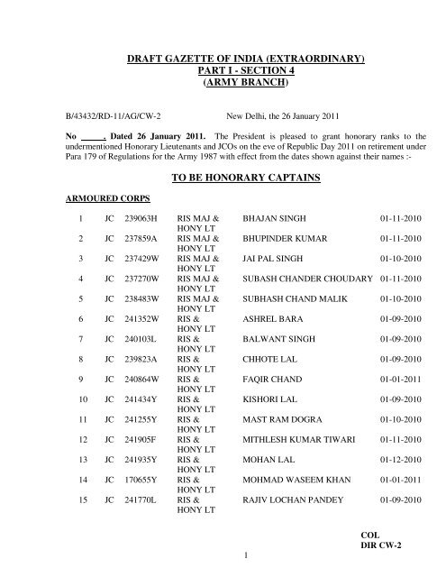 draft gazette of india (extraordinary) part i - section 4 - Indian Army