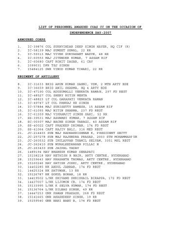 LIST OF PERSONNEL AWARDED COAS CC ON THE ... - Indian Army