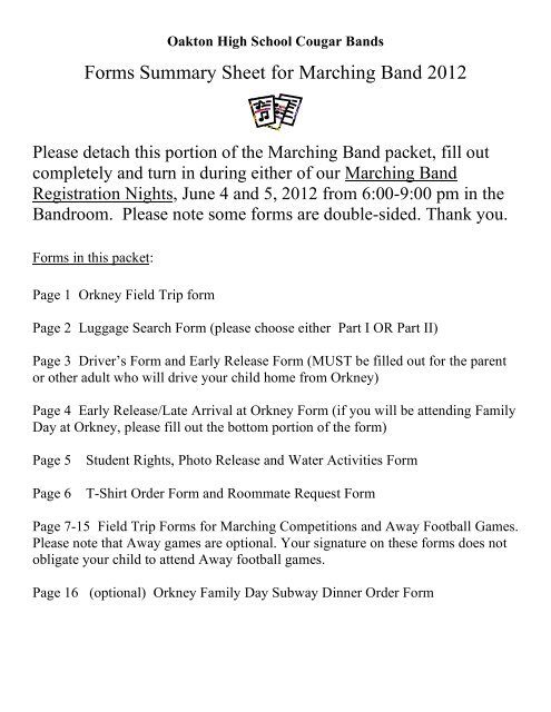 Forms Summary Sheet for Marching Band 2012 - Oakton High ...