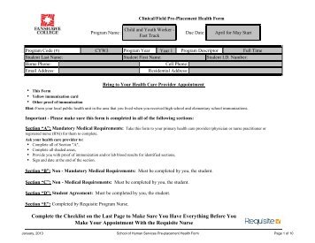 Clinical/Field Pre-Placement Health Form - Fanshawe College