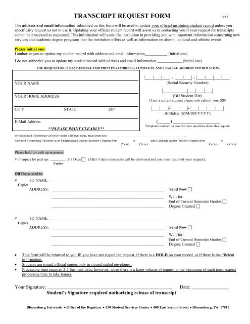 Transcript Request Form - Bloomsburg University